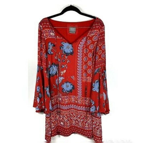 ❌Anthropologie Isabelle Red Silk Floral Bell Sleeve Shift Dress 2 - Picture 4 of 9